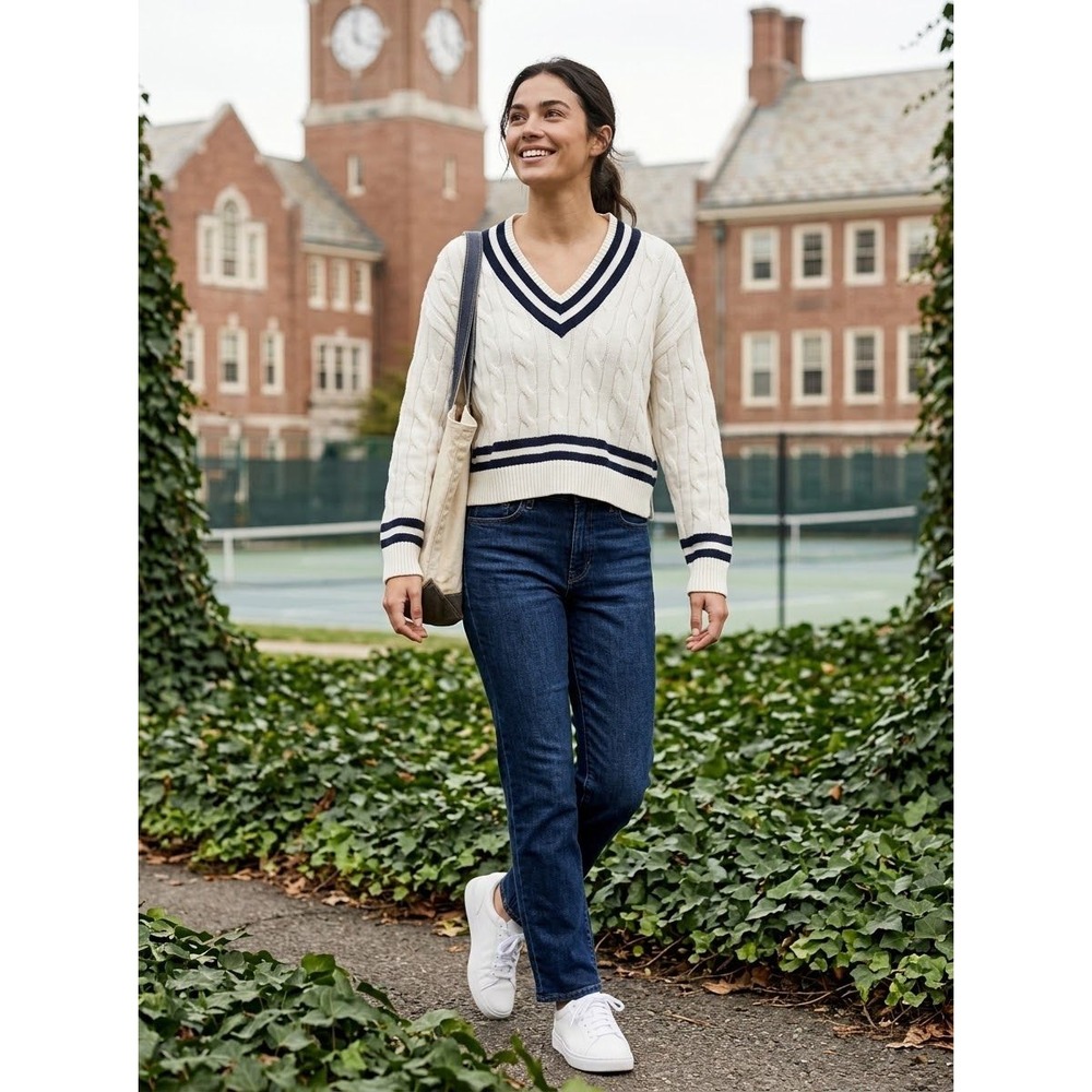 V-Neck Cable Knit Primark Cream Cotton Varsity Sweater Size M Medium